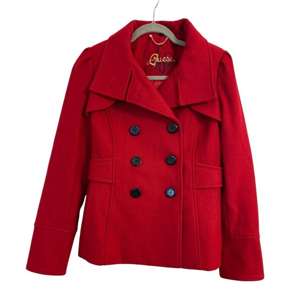 Guess Women's Red Wool Blend Double Breasted Y2K Peacoat Jacket Size S - Picture 1 of 7